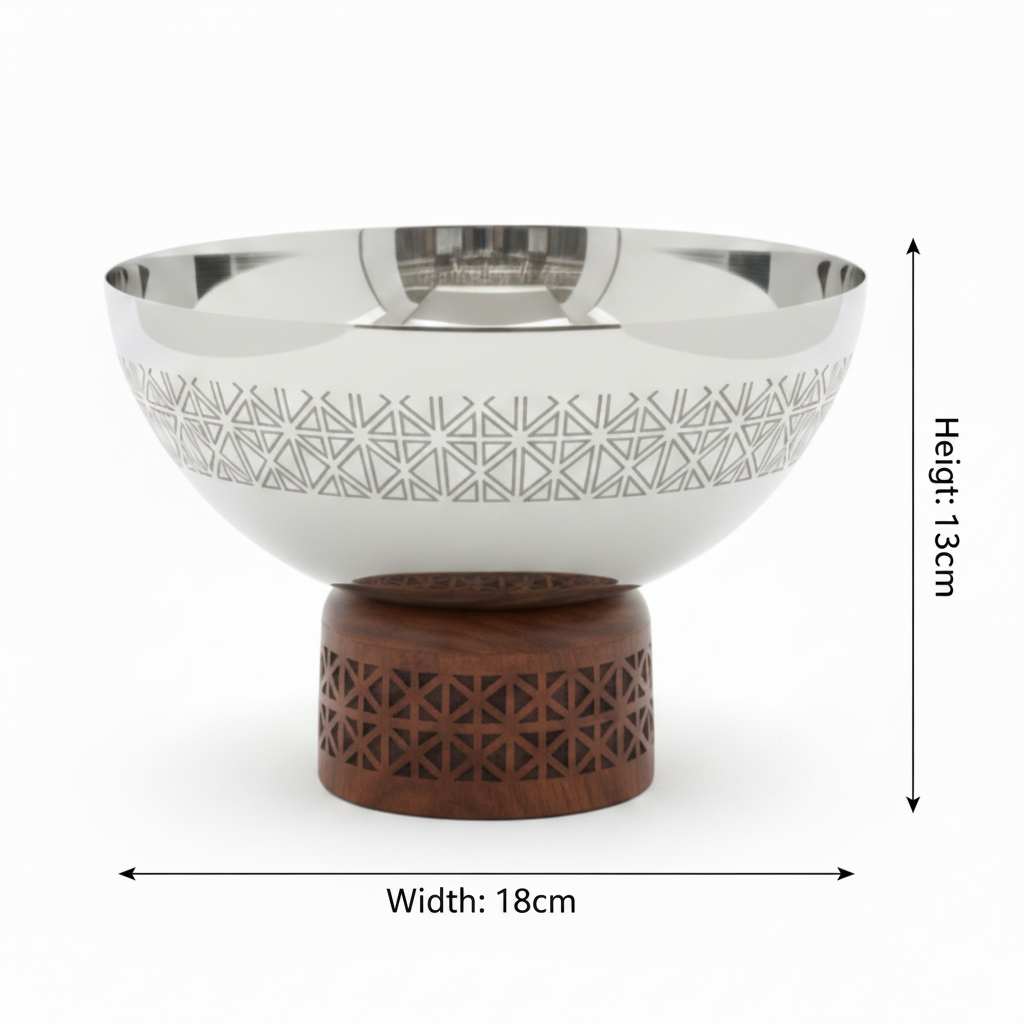 Luhpar Brown Wooden Footed Silver Stainless Steel Serving Bowl - 13×18 cm