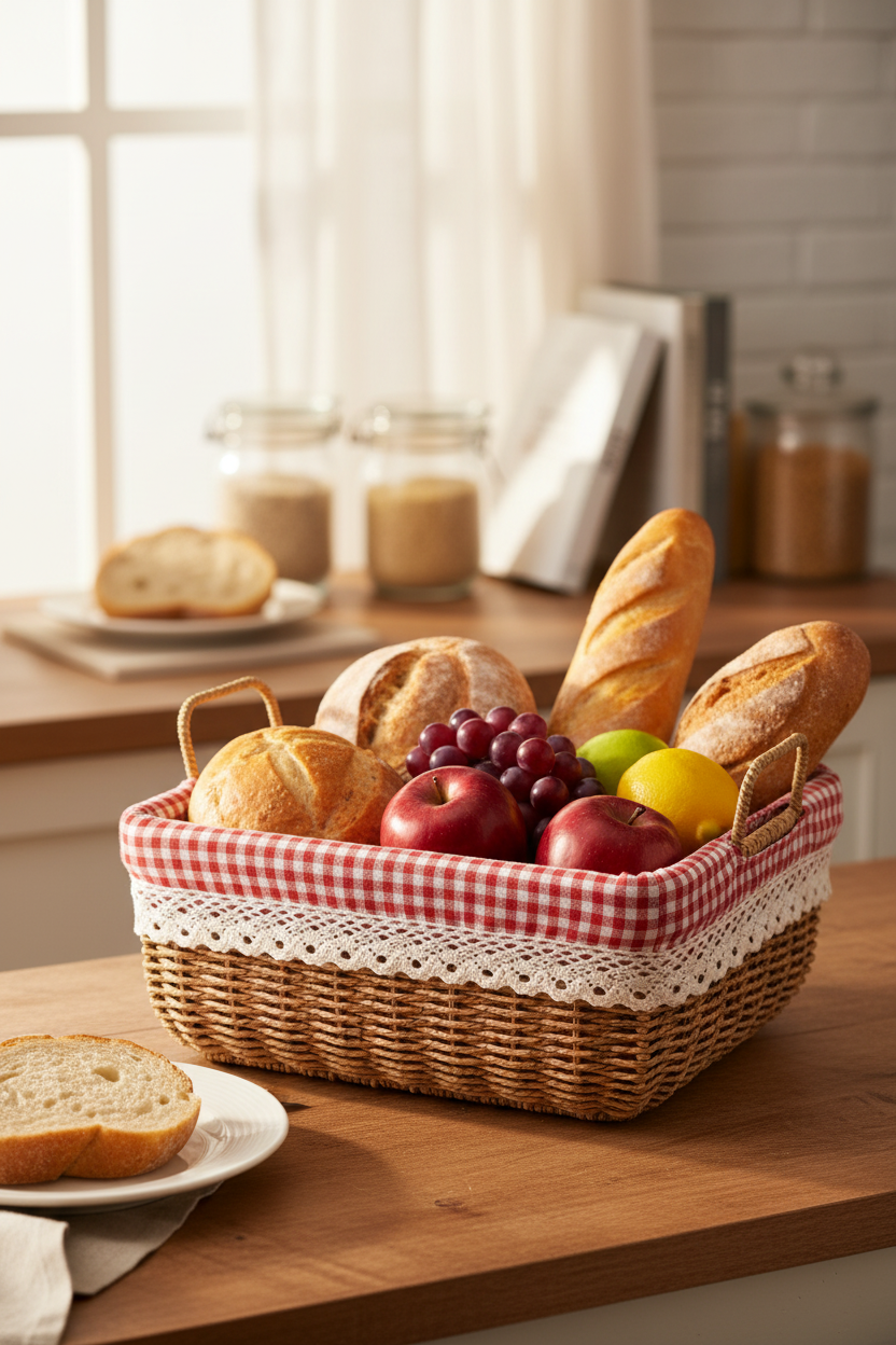 Square Woven Storage Basket with Gingham Lining & Handles