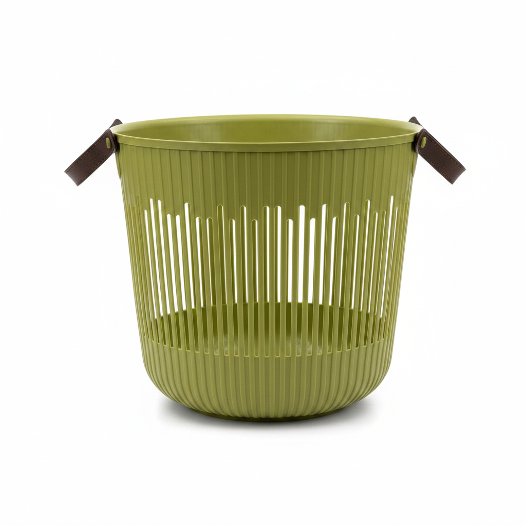 Plastic Laundry Basket with Handle - 30×35 cm - Light Brown / Olive Green / Beige
