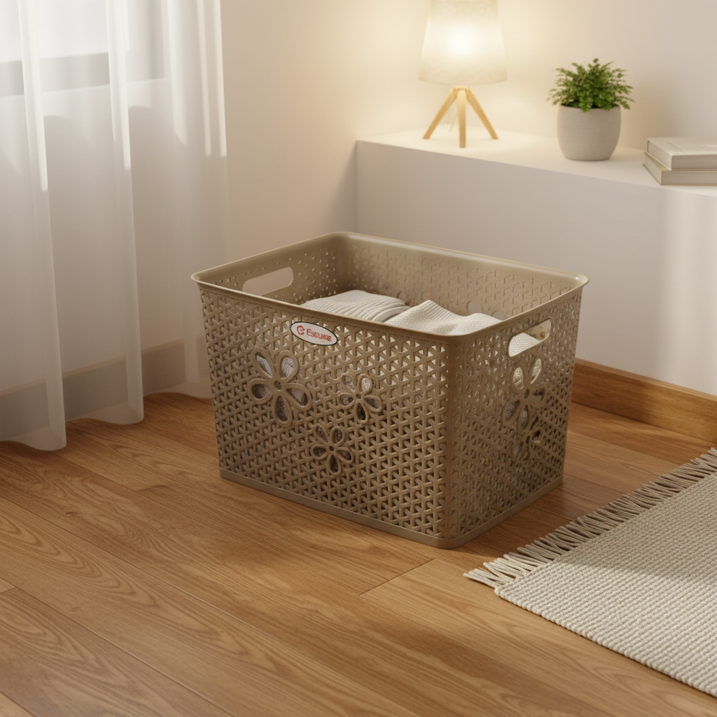 Esqube Plastic Laundry Basket with Floral Lattice Design - 25 × 40 × 33 cm - Brown / Beige / Light Blue / Grey