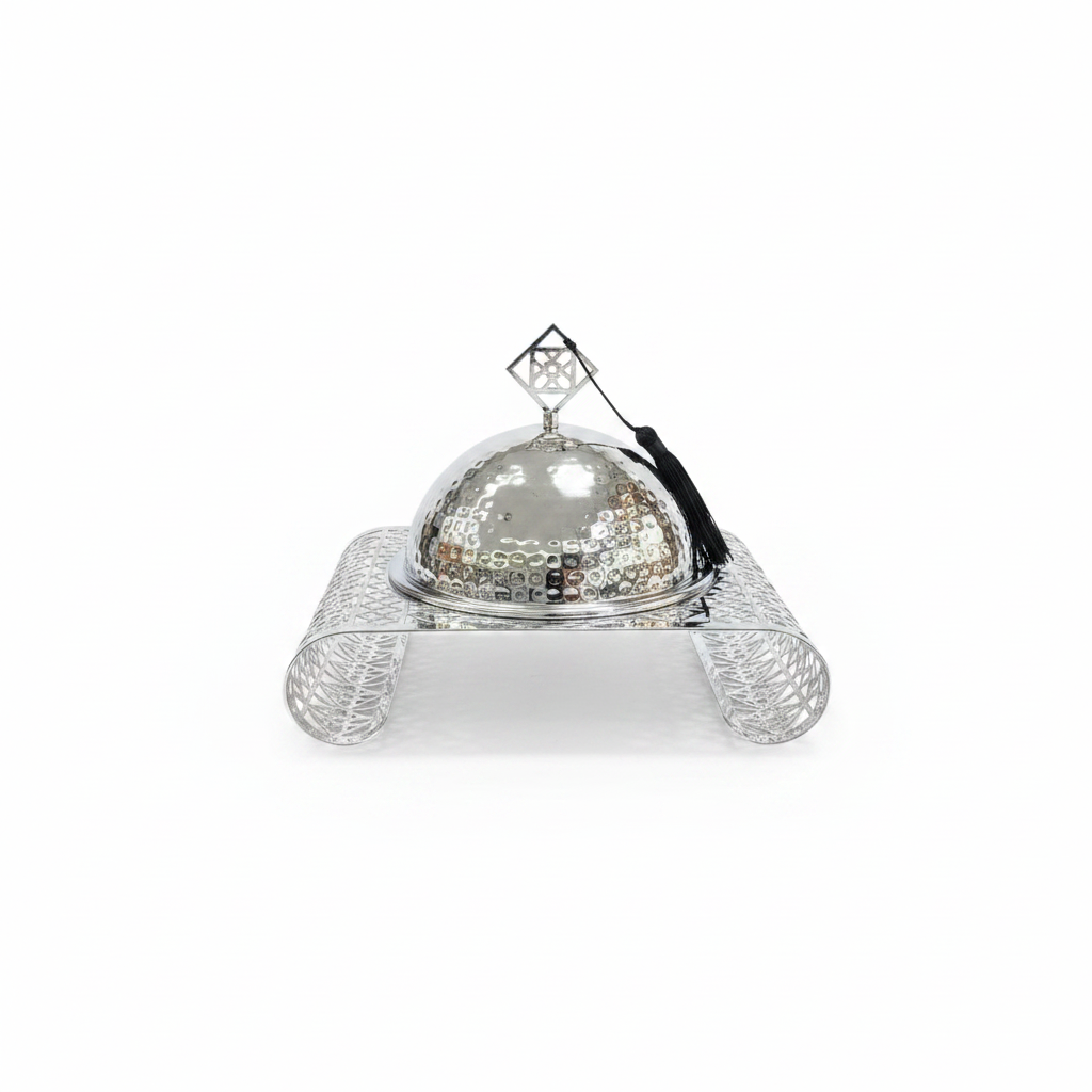 Silver Metal Candy Plate with Dome Lid & Ornate Base - 25×20cm