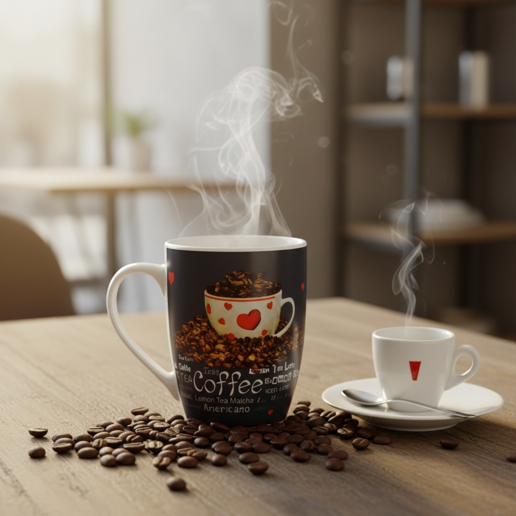 Navy Blue Heart & Beans Print Ceramic Mug - 300ml