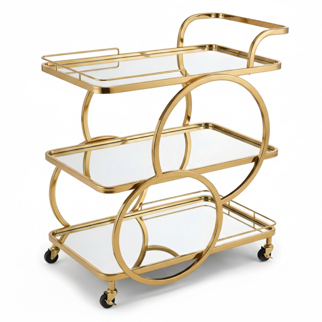 Life Smile 3-Tier Gold Metal & Glass Serving Trolley | Luxury Majlis Cart with Swivel Wheels | 80×70×40 cm |
