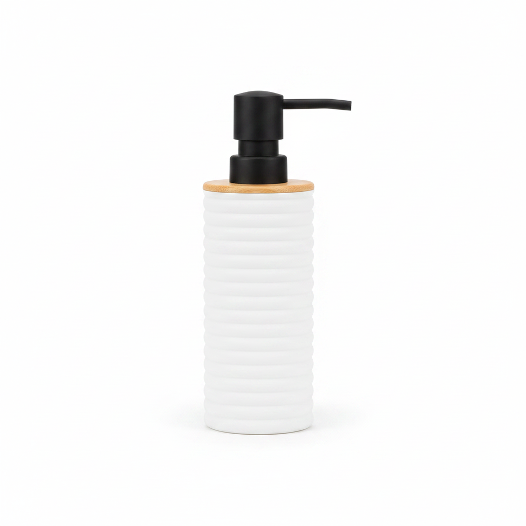 White Ribbed Plastic Liquid Soap Dispenser - 400ml - White / Black / Peach