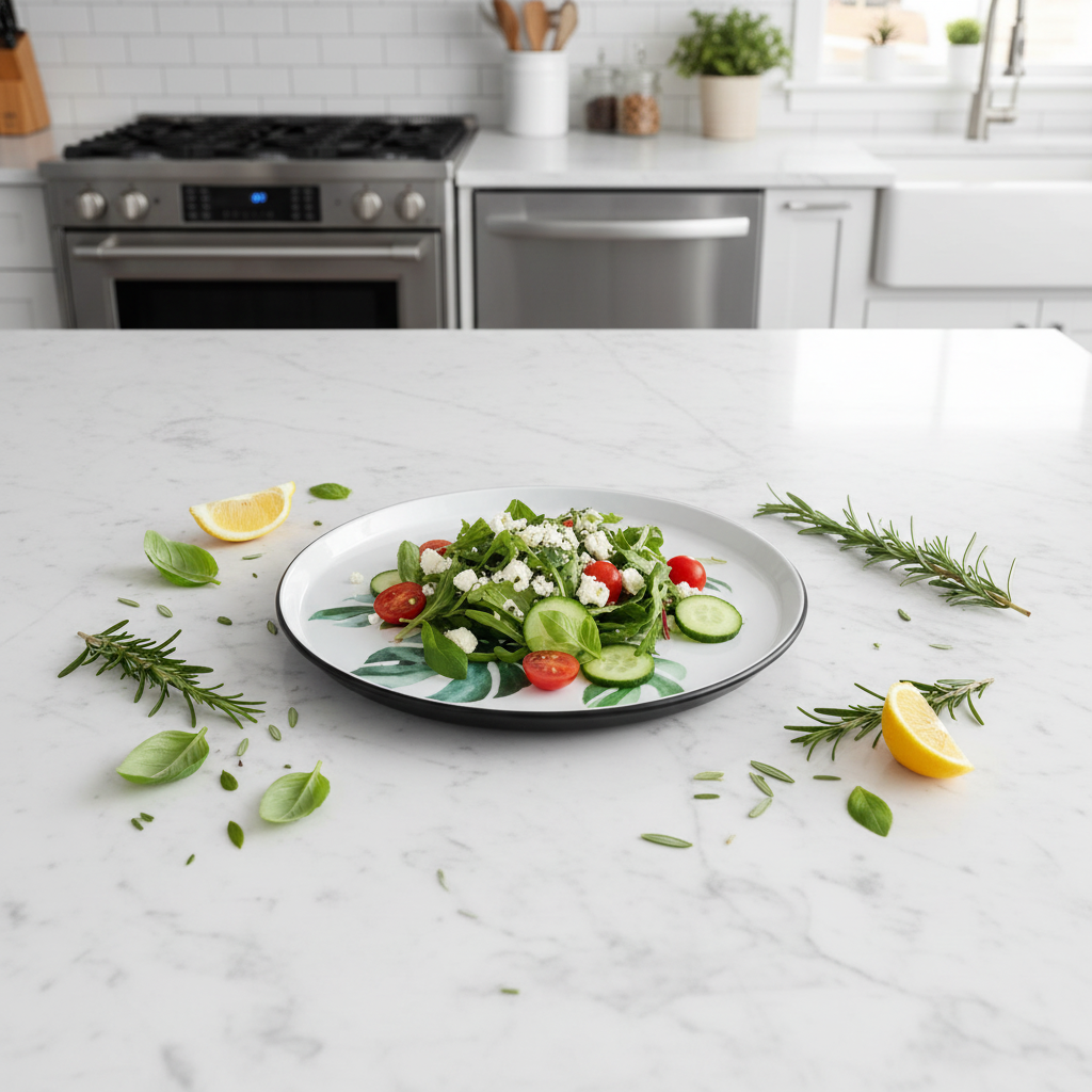 Royalford Melamine Salad Plate | Black Rim with Green Botanical Leaf Design 9-Inch