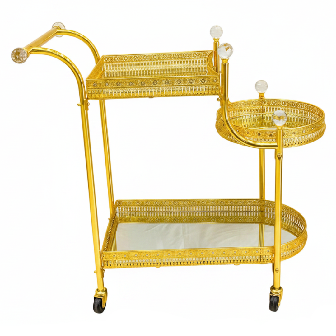 Pilsco 3-Tier Gold Metal & Mirrored Glass Serving Trolley Cart with Crystal Finials & Ornate Filigree Design | Luxury Hospitality & Majlis Tea Trolley on Wheels | 70 x 60 x 34 cm