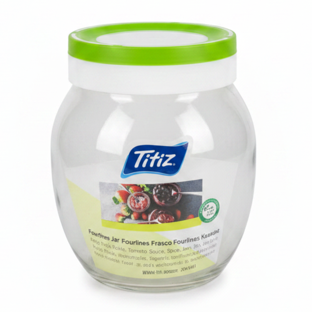 Titiz Fourlines Round Glass Storage Jar with Airtight Plastic Lid – 720ml | Blue / Red / Green |