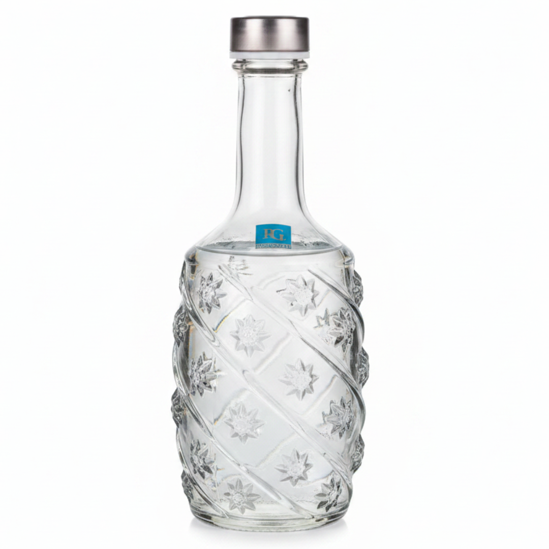 Pishgaman Elegant Embossed Floral Glass Water Bottle 1 Litre – Premium Crystal-Clear Carafe with Silver Lid for Home, Dining & Gifting