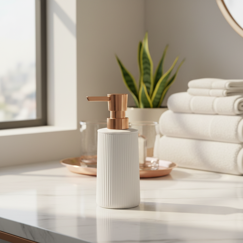 White Plastic Ribbed Soap Dispenser with Rose Gold Pump – 400ml