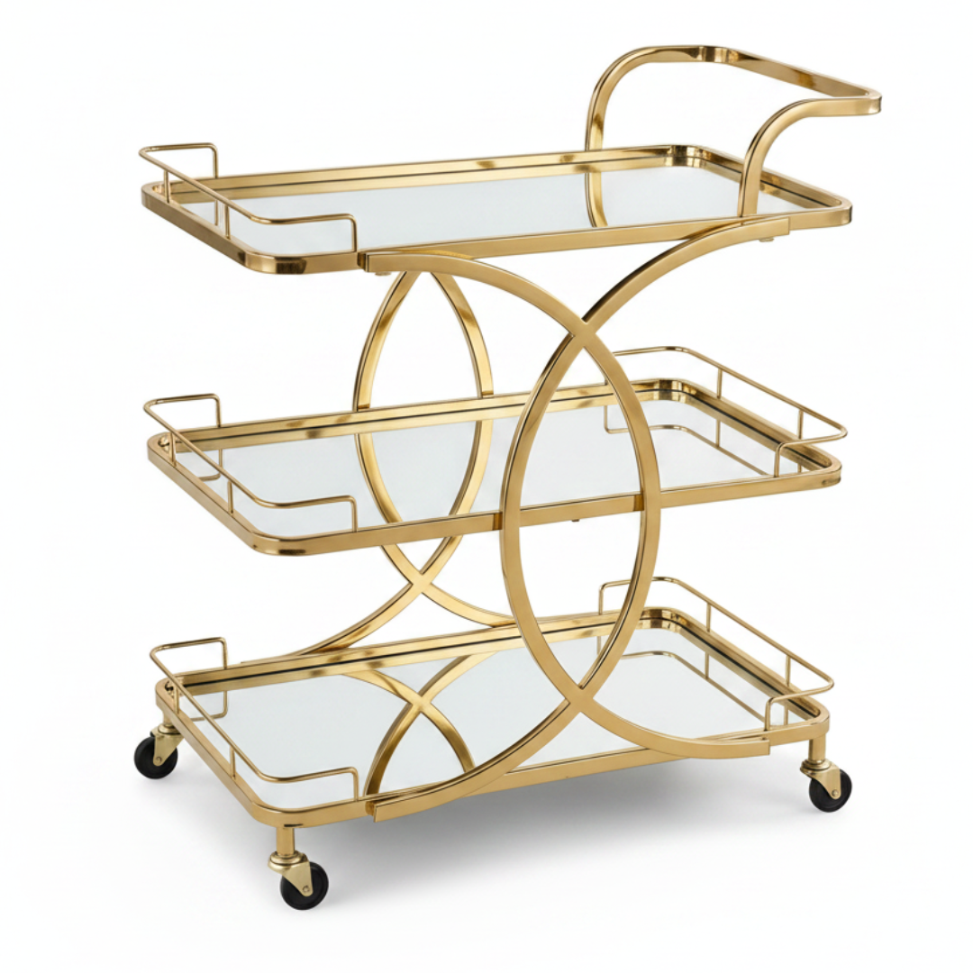 Life Smile 3-Tier Gold Metal & Mirror Glass Serving Trolley | Luxury Rolling Cart with Circular Frame Design | 80×70×40 cm | Multi-Purpose Home, Majlis & Dining Trolley |