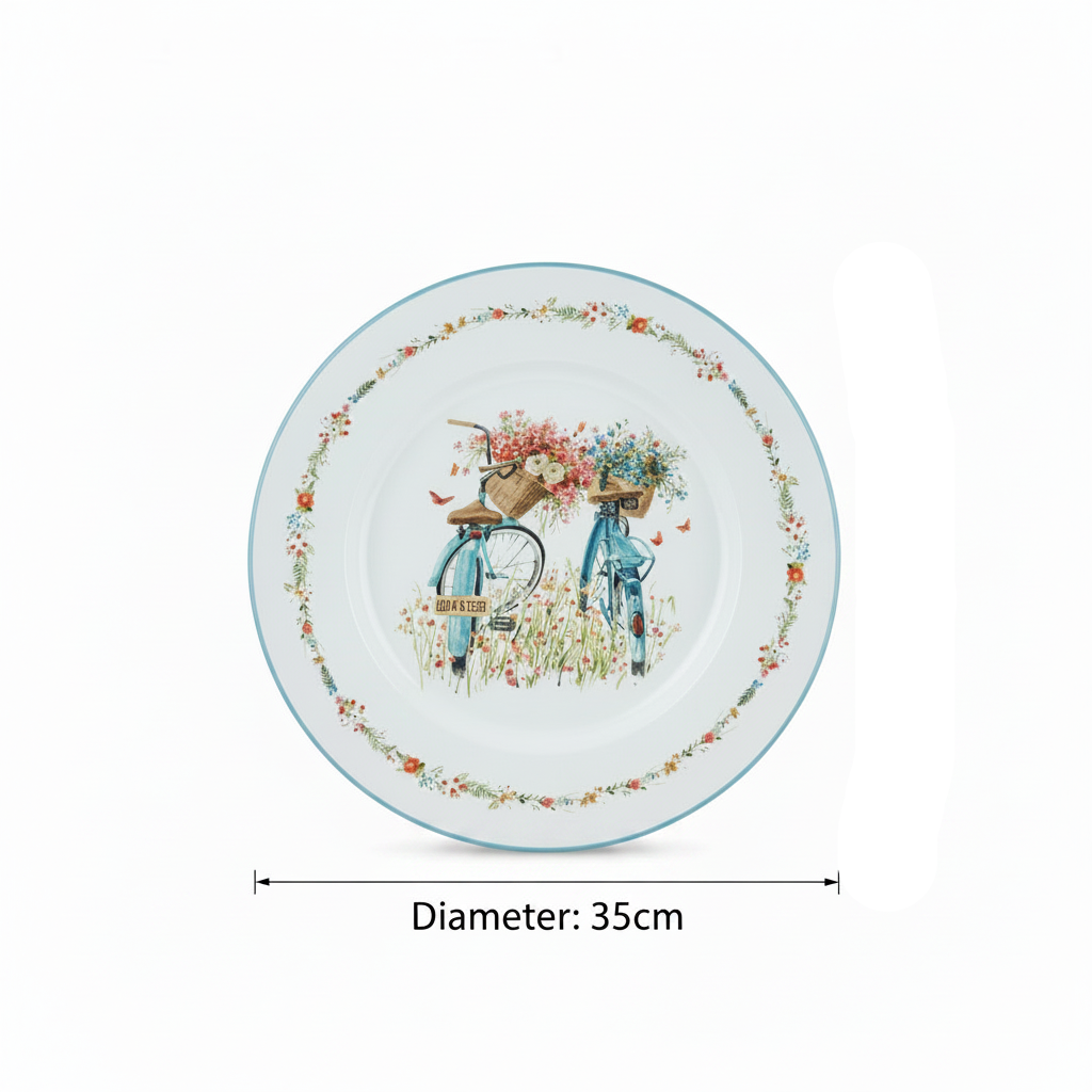 White Round Enamel Tray – Bicycle Garden Print - 35cm