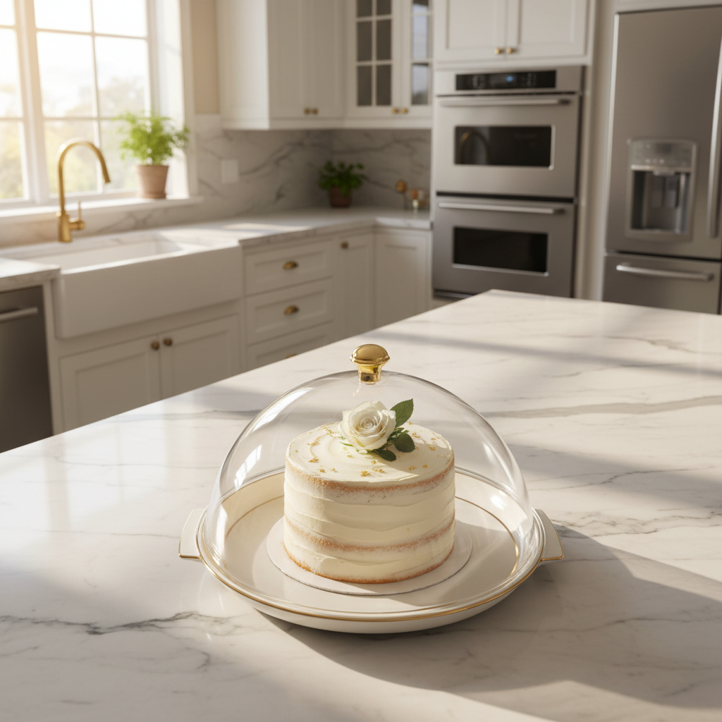 Christian Verucci Round Off-White Cake Plate with Clear Acrylic Dome Cover & Gold Knob Handle | 13.5 Inch |