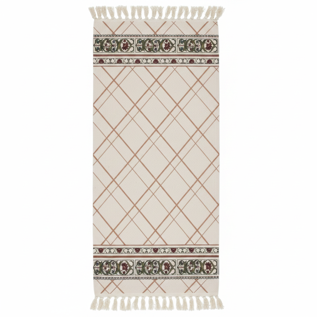 Handcrafted Diamond Lattice Runner Carpet | 50% Cotton 50% Polyester | Fringe Border Rug | 60 x 180 cm | Cream Beige | Majlis, Hallway & Bedroom Décor