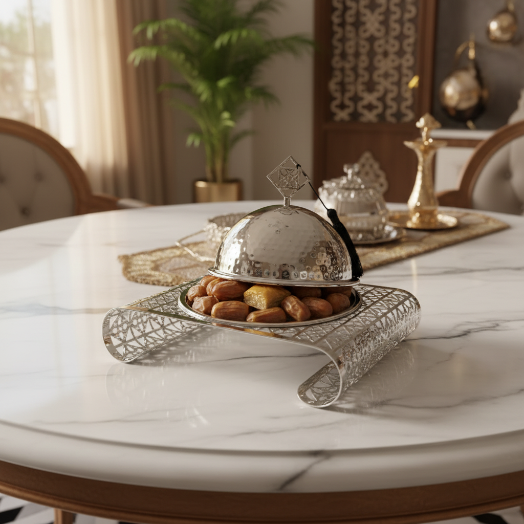Silver Metal Candy Plate with Dome Lid & Decorative Base — 23×16cm