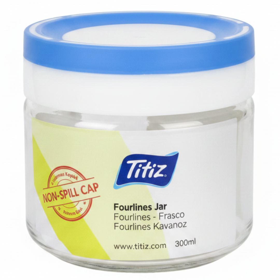 Titiz Fourlines Borosilicate Glass Storage Jar with Non-Spill Airtight Plastic Lid – 300ml | Green / Blue / Red / Black
