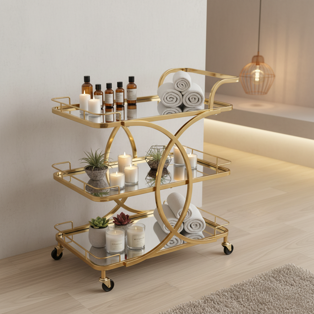 Life Smile 3-Tier Gold Metal & Mirror Glass Serving Trolley | Luxury Rolling Cart with Circular Frame Design | 80×70×40 cm | Multi-Purpose Home, Majlis & Dining Trolley |