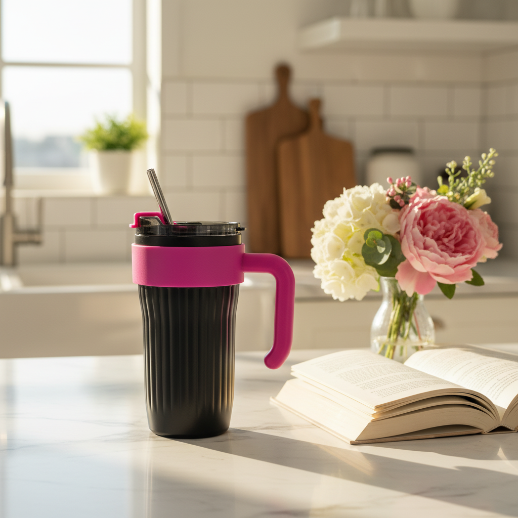 Black & Pink Plastic Travel Bottle with Straw – 900ml