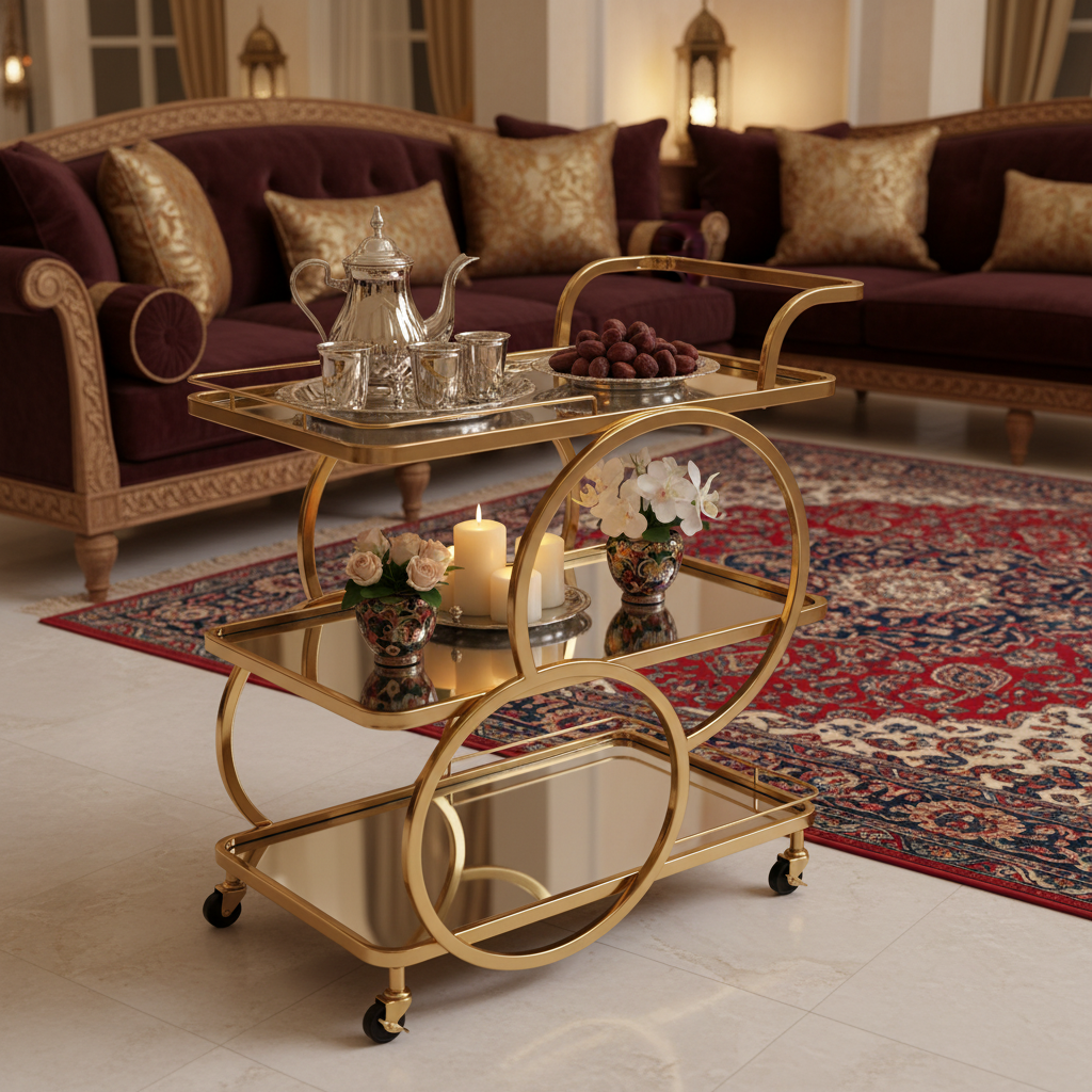 Life Smile 3-Tier Gold Metal & Glass Serving Trolley | Luxury Majlis Cart with Swivel Wheels | 80×70×40 cm |