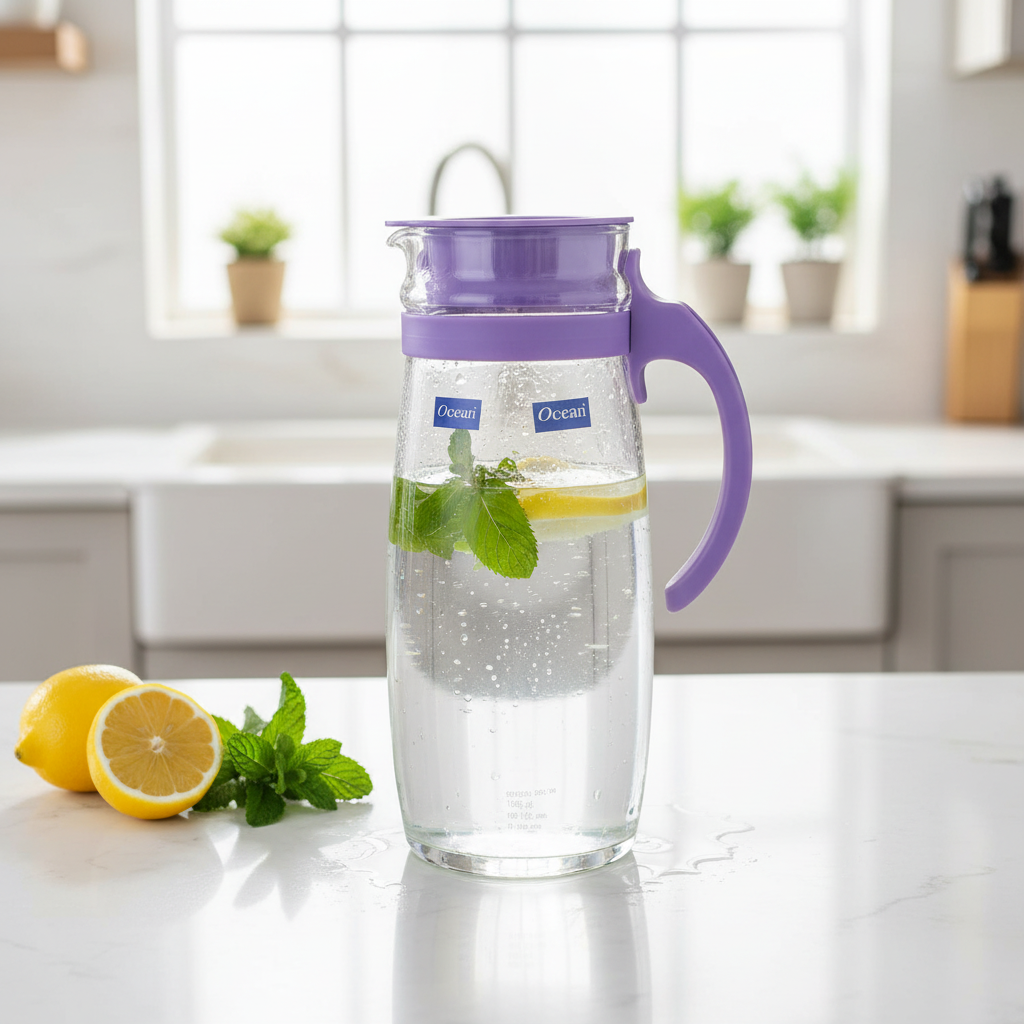 Ocean glass pitcher jug with purple plastic lid & handle 1660ml