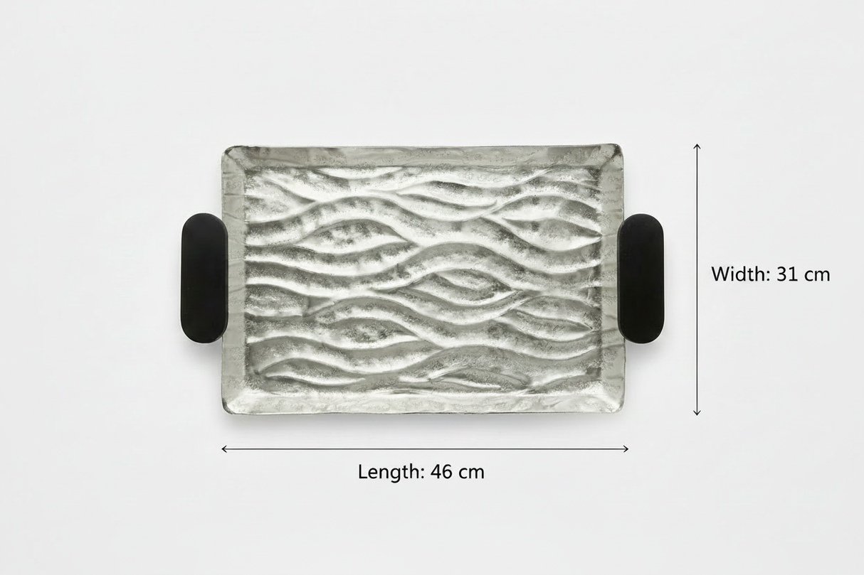 Luhpar Wave Textured Aluminium Rectangular Tray with Black Wooden Handles - 46 × 31 cm - 74893-B
