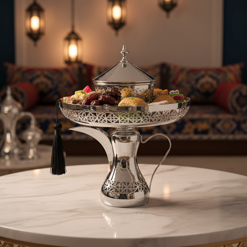 Silver Metal Candy Tray with Dallah Base - 30×23 cm