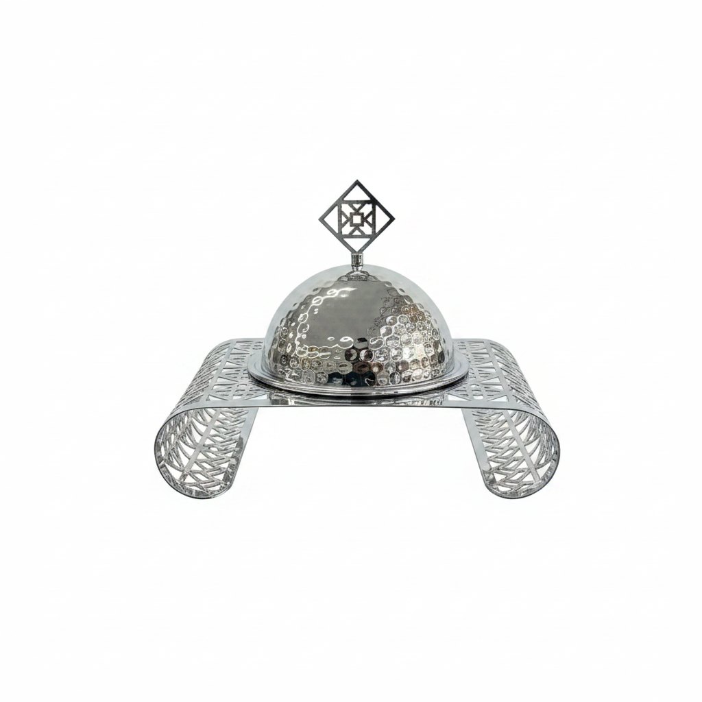 Silver Metal Candy Plate with Dome Lid & Decorative Base — 23×16cm