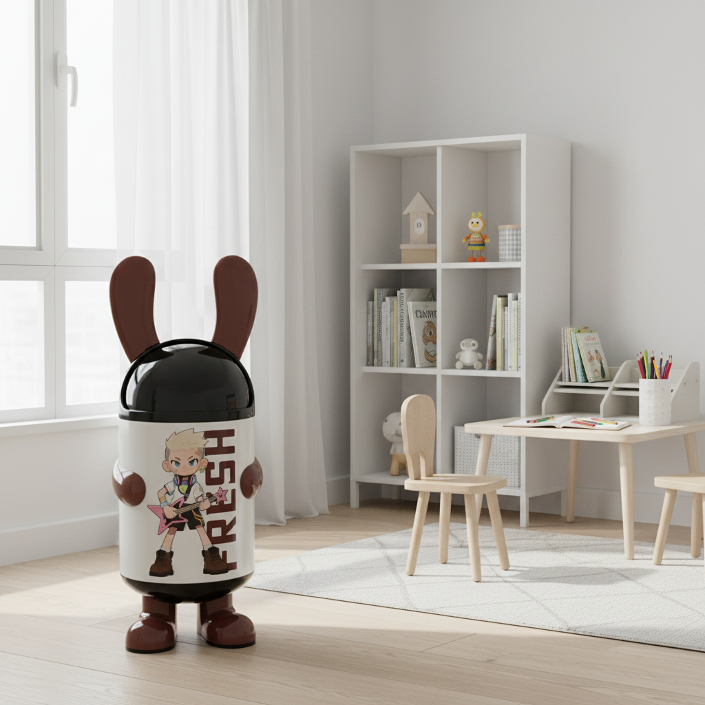 Italo Cartoon Character Plastic Trash Can with Black Lid – White & Brown, 70cm
