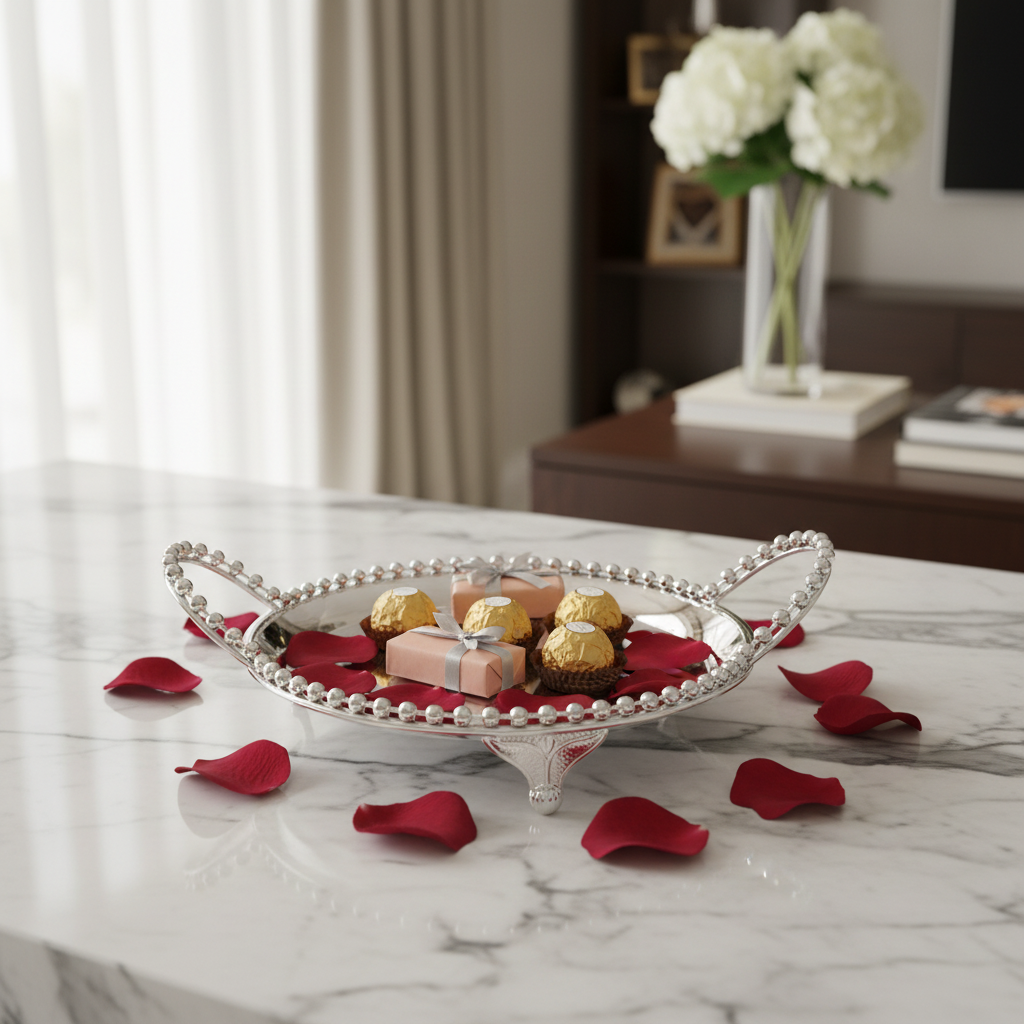 Silver Metal Round Candy Tray with Decorative Beaded Rim and Ornate Handles