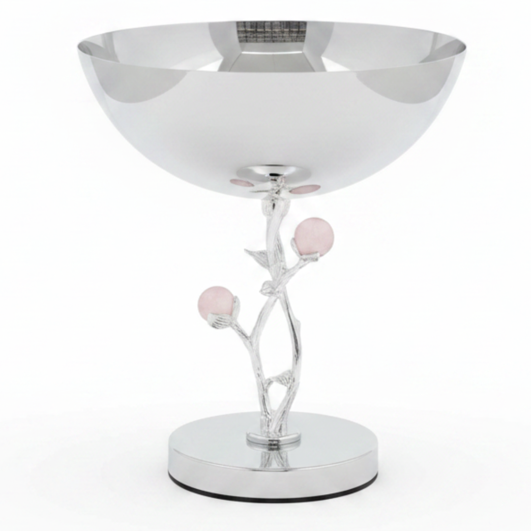 Silver Stainless Steel Footed Candy Bowl with Decorative Rose Stem & Pink Balls – 20×24cm