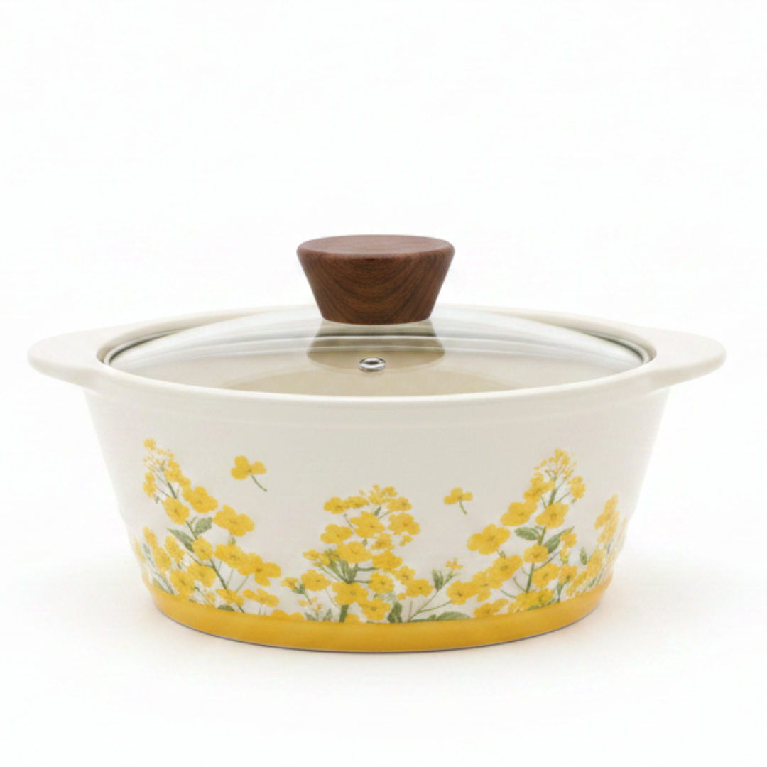 Decetime White Porcelain Soup Pot with Yellow Flower Design & Glass Lid | 850ml