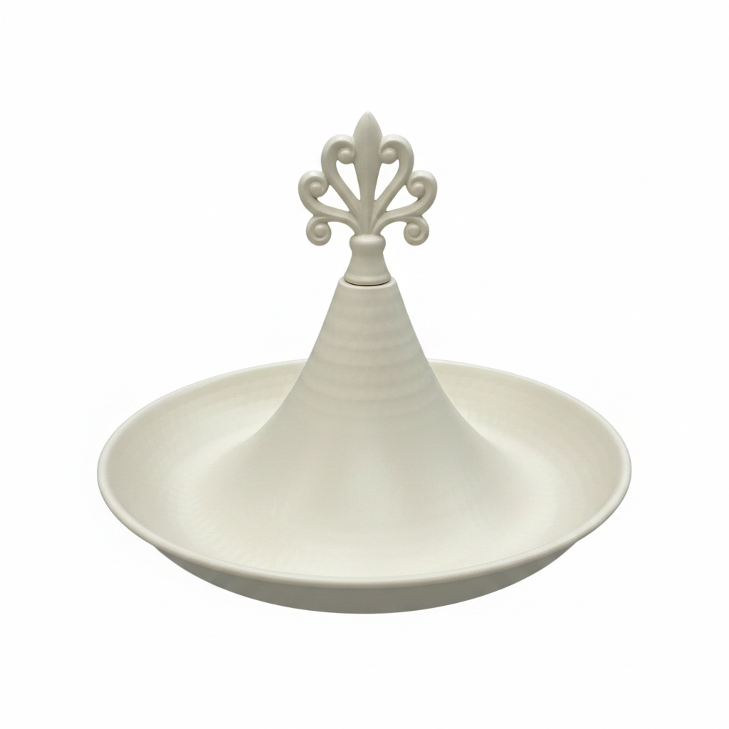 Cream Round Metal Serving Tray with Ornate Finial - 26×18 cm