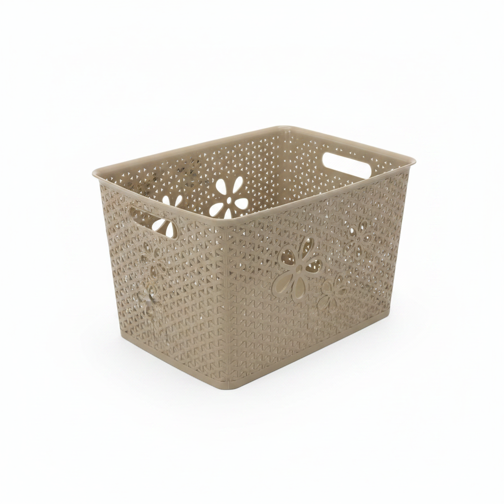 Esqube Plastic Laundry Basket with Floral Lattice Design - 25 × 40 × 33 cm - Brown / Beige / Light Blue / Grey