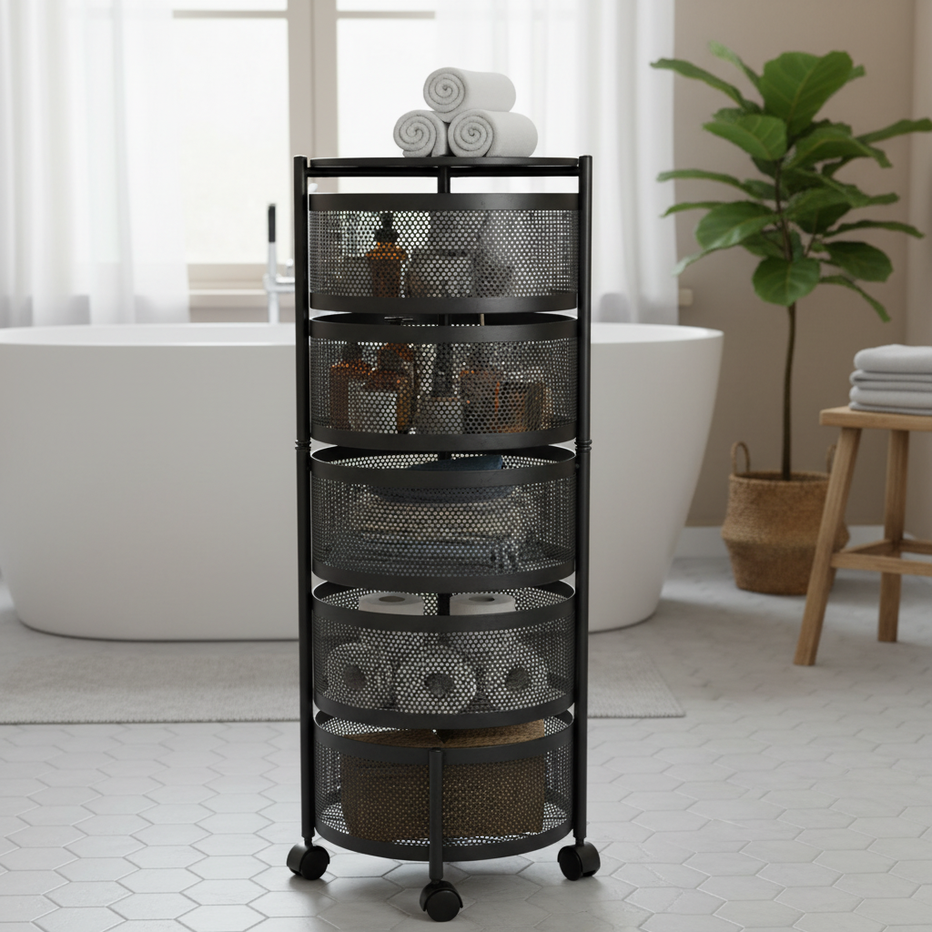 Black 5-Tier Rotating Round Storage Basket with Wheels - 90×30cm