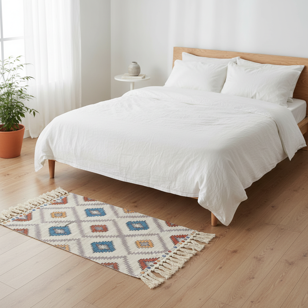Handcrafted Kilim-Style Geometric Flat Weave Carpet | 50% Cotton 50% Polyester | Boho Tribal Diamond Pattern | Fringe Tassel Rug | 60 x 150 cm | Cream, Blue, Terracotta & Orange
