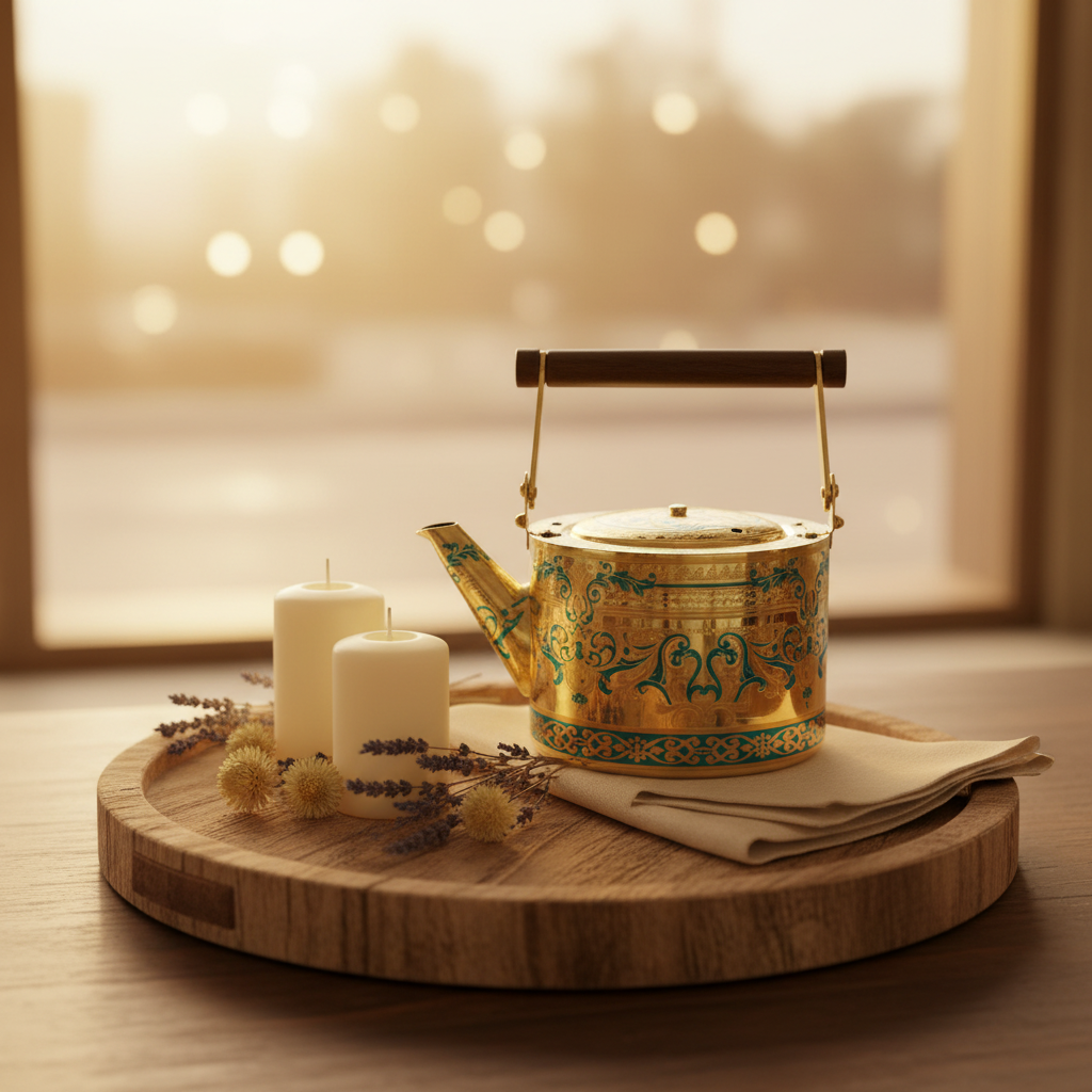 Handcrafted Gold & Blue Engraved Metal Tea Kettle with Wooden Handle – 1 Litre |