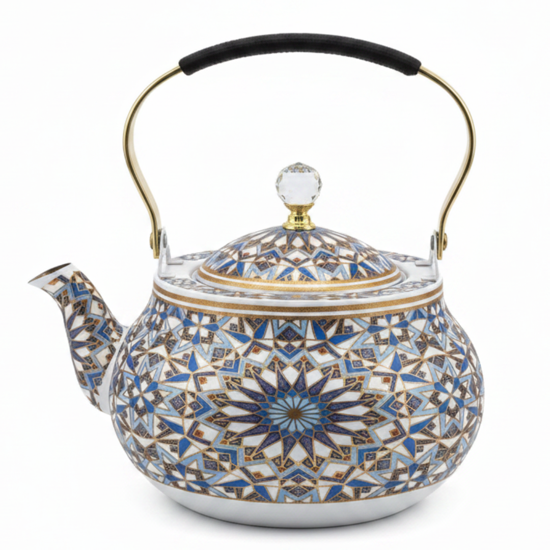 Blue & White Mosaic Metal Tea Kettle with Crystal Lid & Ergonomic Handle — 1.5 Litre | Arabic Majlis Hospitality Teapot