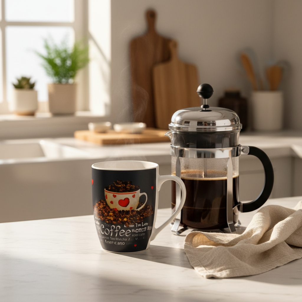 Navy Blue Heart & Beans Print Ceramic Mug - 300ml