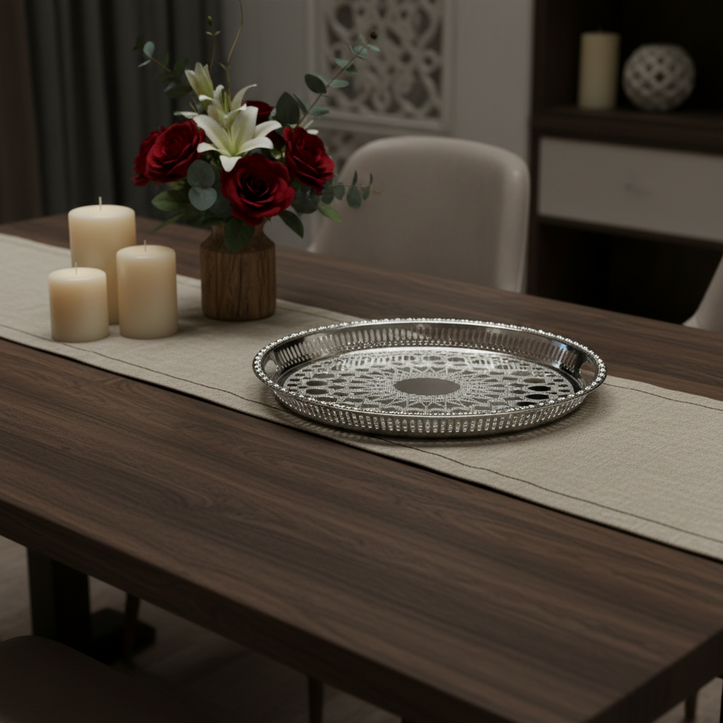 صينية تقديم بيضاوية ستانلس ستيل فضية من ويندسيرا | نقش هندسي عربي | 43×30 سم