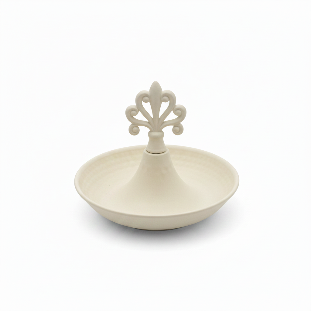 Cream Round Metal Serving Tray with Ornate Finial - 15×13 cm