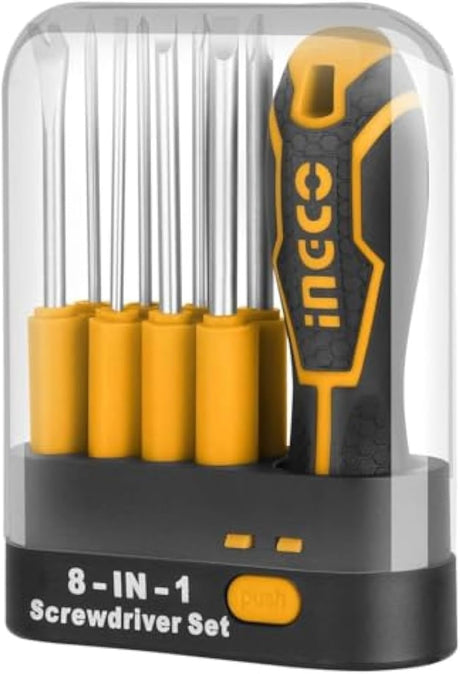 Ingco 8 - in - 1 CRV Magnetic Screwdriver Set with Interchangeable Handle & Storage Case, Yellow, AKISD0901 - Al Kabayel Discount CentreIngco 8 - in - 1 CRV Magnetic Screwdriver Set with Interchangeable Handle & Storage Case, Yellow, AKISD0901ToolsINGCOAl Kabayel Discount Centre