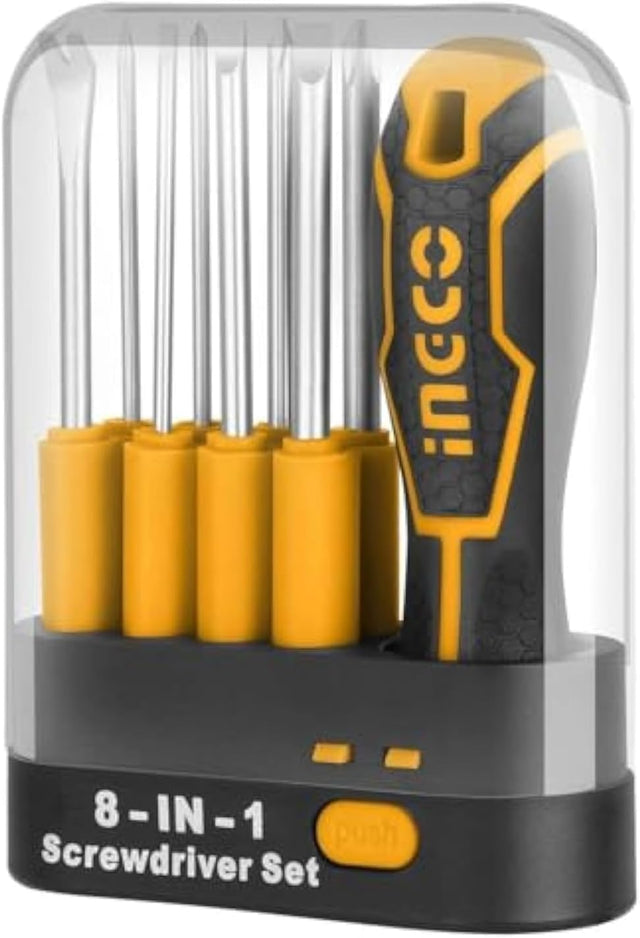 Ingco 8 - in - 1 CRV Magnetic Screwdriver Set with Interchangeable Handle & Storage Case, Yellow, AKISD0901 - Al Kabayel Discount CentreIngco 8 - in - 1 CRV Magnetic Screwdriver Set with Interchangeable Handle & Storage Case, Yellow, AKISD0901ToolsINGCOAl Kabayel Discount Centre
