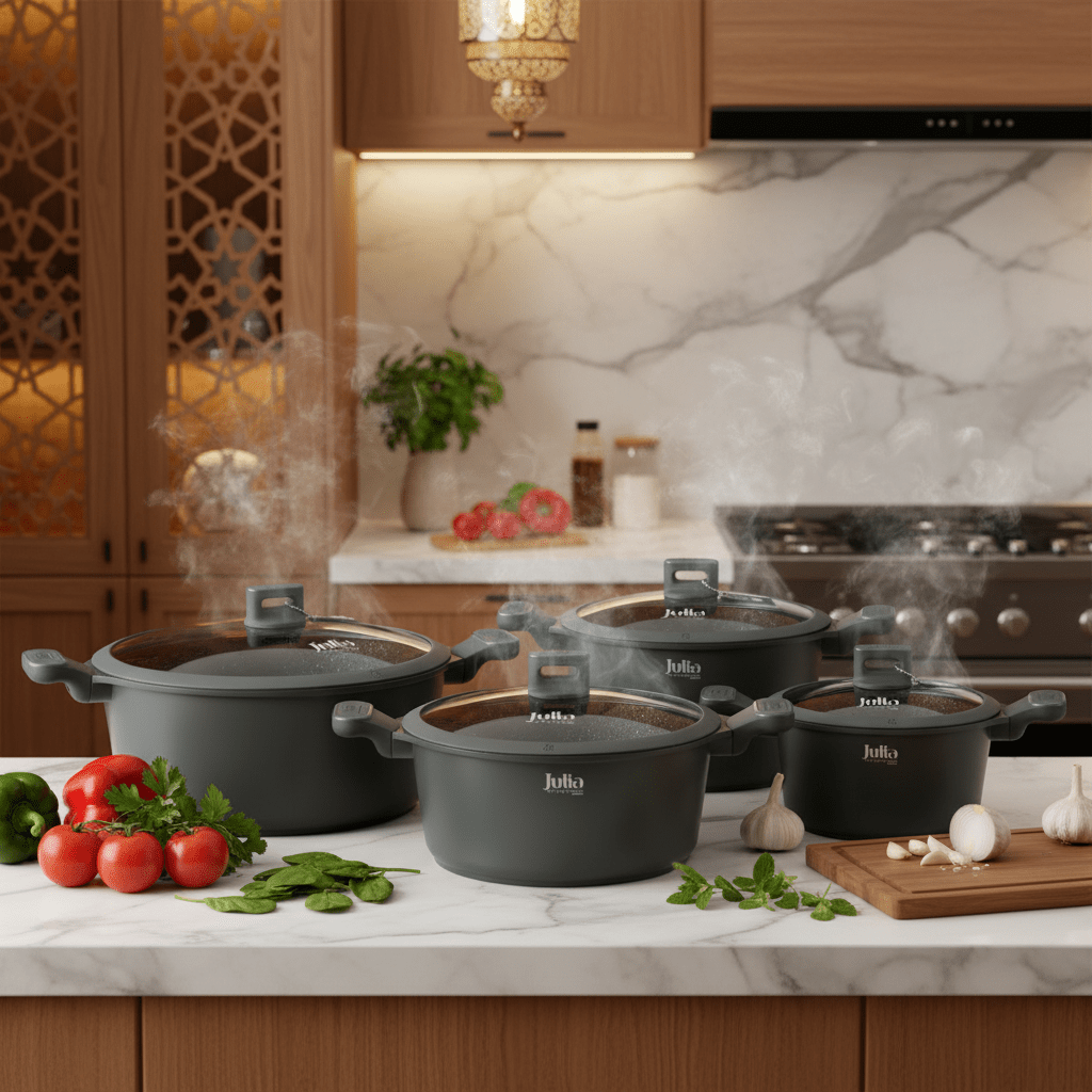 Julia Cookware Set 8-Piece – Green Finish - Non-Stick Durable Casserole Pots with Glass Lids for Everyday Cooking - Al Kabayel Discount CentreJulia Cookware Set 8-Piece – Green Finish - Non-Stick Durable Casserole Pots with Glass Lids for Everyday CookingCookware SetJULIAAl Kabayel Discount Centre