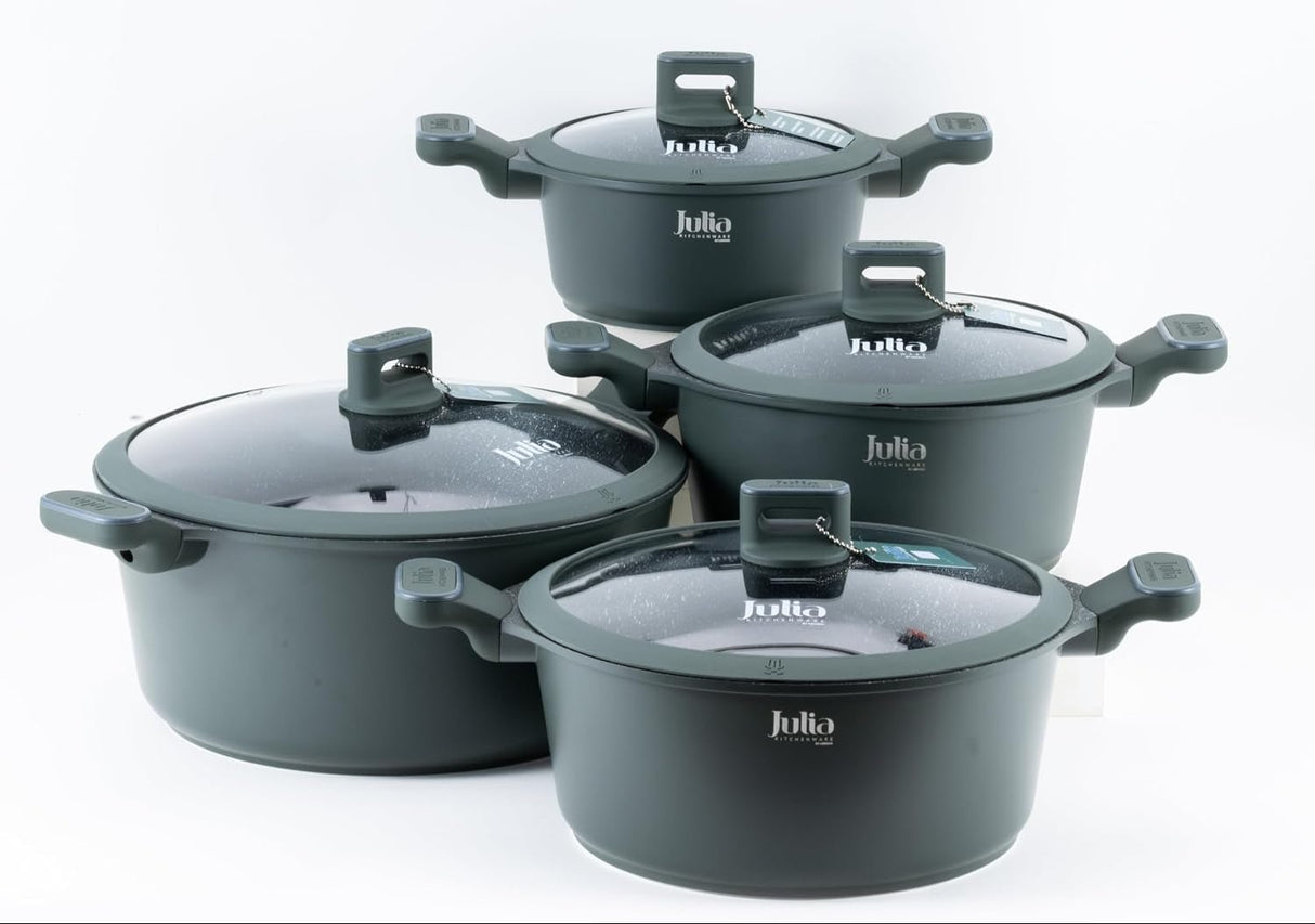 Julia Cookware Set 8-Piece – Green Finish - Non-Stick Durable Casserole Pots with Glass Lids for Everyday Cooking - Al Kabayel Discount CentreJulia Cookware Set 8-Piece – Green Finish - Non-Stick Durable Casserole Pots with Glass Lids for Everyday CookingCookware SetJULIAAl Kabayel Discount Centre