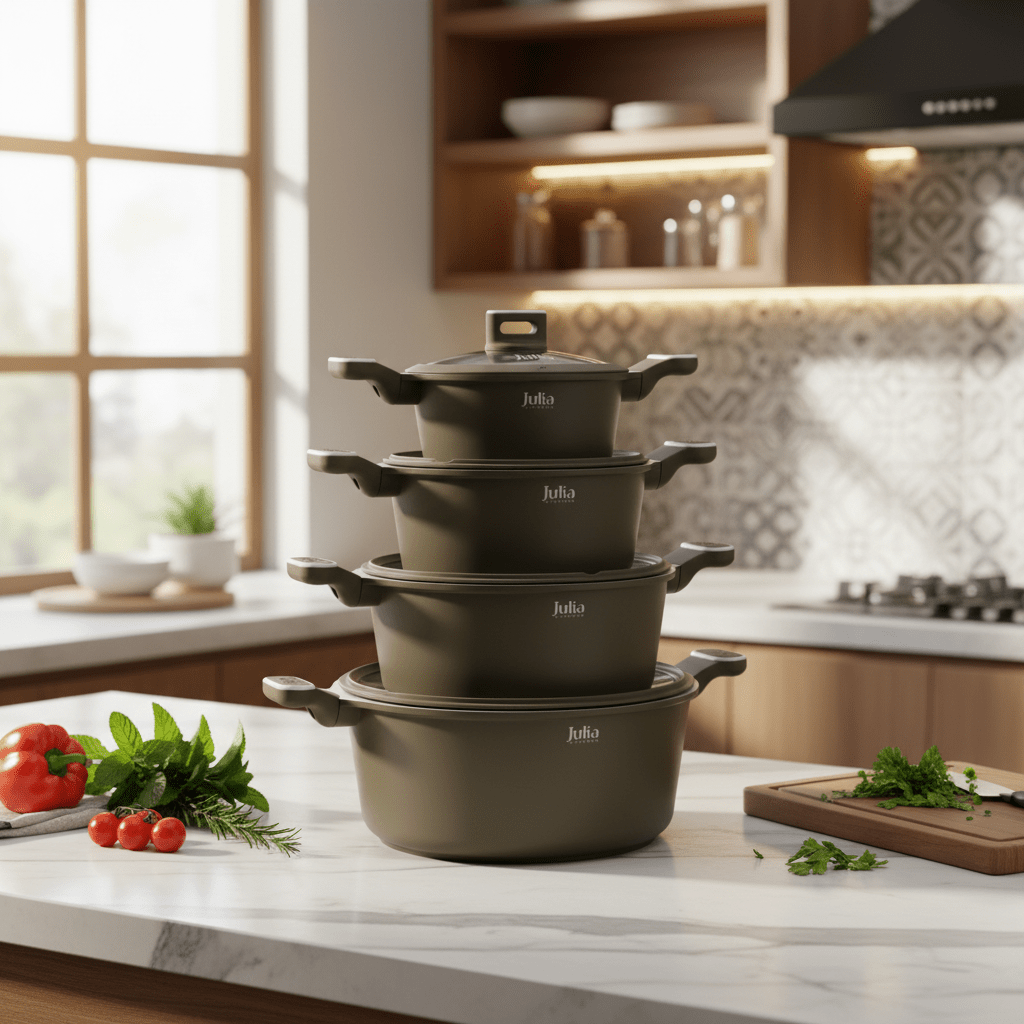 Julia Cookware Set 8-Piece – Matte Brown Finish - Non-Stick Durable Casserole Pots with Glass Lids for Everyday Cooking - Al Kabayel Discount CentreJulia Cookware Set 8-Piece – Matte Brown Finish - Non-Stick Durable Casserole Pots with Glass Lids for Everyday CookingCookware SetJULIAAl Kabayel Discount Centre
