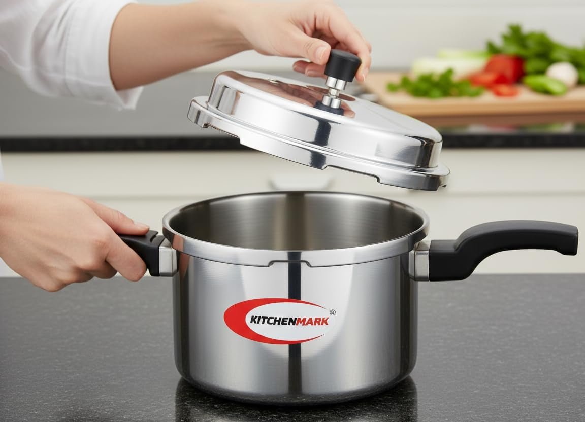 Kitchen Mark Aluminium Pressure Cooker 5 Litre (5L) – Heavy Duty Outer Lid with Gas & Induction Base – Virgin Aluminum Body, Ergonomic Safety Handles & Metallic Safety Plug - Al Kabayel Discount CentreKitchen Mark Aluminium Pressure Cooker 5 Litre (5L) – Heavy Duty Outer Lid with Gas & Induction Base – Virgin Aluminum Body, Ergonomic Safety Handles & Metallic Safety PlugPressure CookersKITCHENMARKAl Kabayel Discount Centre