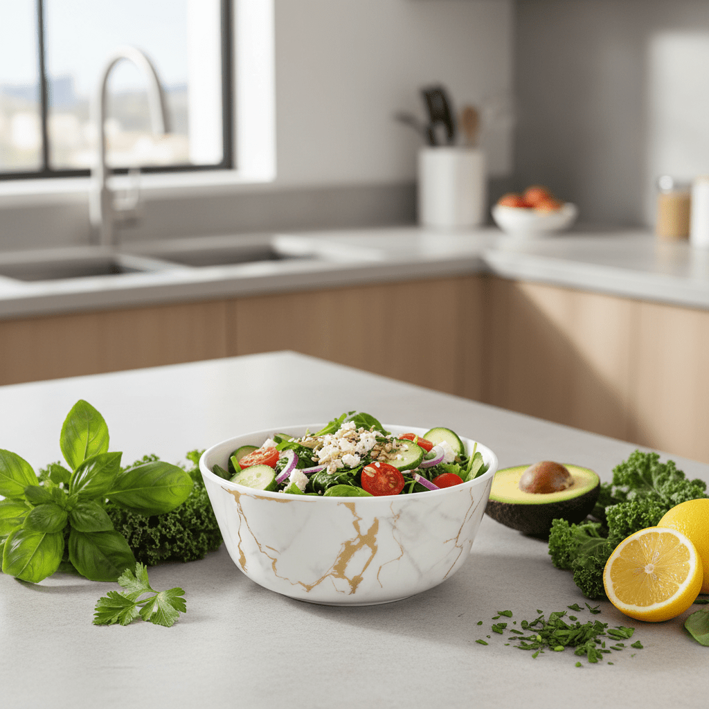 Kitchen Mark Round White Melamine Serving Bowl with Golden Shade Design, Ideal for Serving Salads, Curries & Snacks – 7.75 Inch - Al Kabayel Discount CentreKitchen Mark Round White Melamine Serving Bowl with Golden Shade Design, Ideal for Serving Salads, Curries & Snacks – 7.75 InchBowlsKITCHEN MARKAl Kabayel Discount Centre