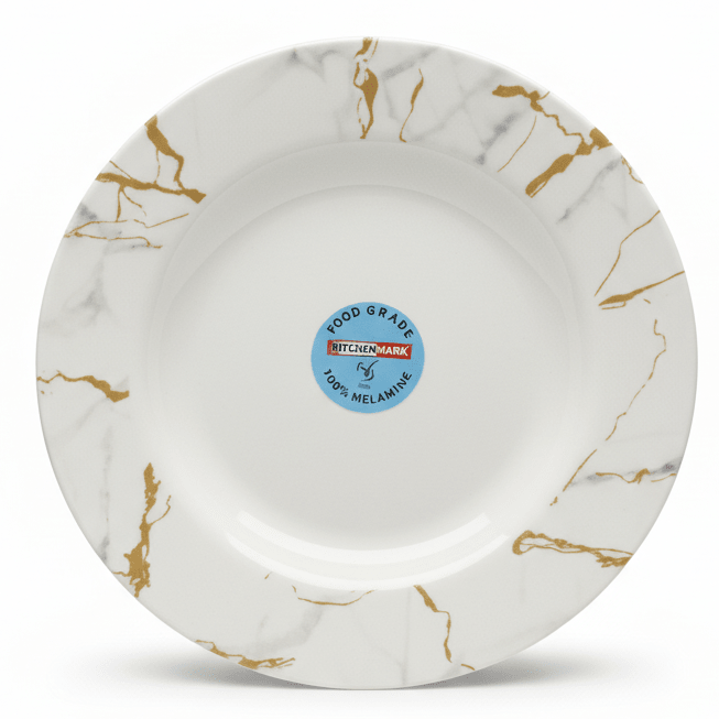 Kitchen Mark Round White Melamine Soup Plate with Golden Shade Design, Premium Quality Durable Tableware for Home & Restaurant Use – 8 Inch - Al Kabayel Discount CentreKitchen Mark Round White Melamine Soup Plate with Golden Shade Design, Premium Quality Durable Tableware for Home & Restaurant Use – 8 InchPlatesKITCHEN MARKAl Kabayel Discount Centre