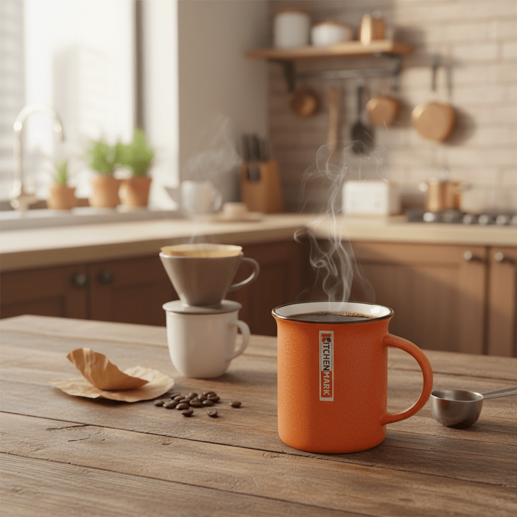 KitchenMark Classic Enamel Mug – Orange | 325ml | Brown Rim | Vintage - Style Drinkware - Al Kabayel Discount CentreKitchenMark Classic Enamel Mug – Orange | 325ml | Brown Rim | Vintage - Style DrinkwareMugsKITCHEN MARKAl Kabayel Discount Centre