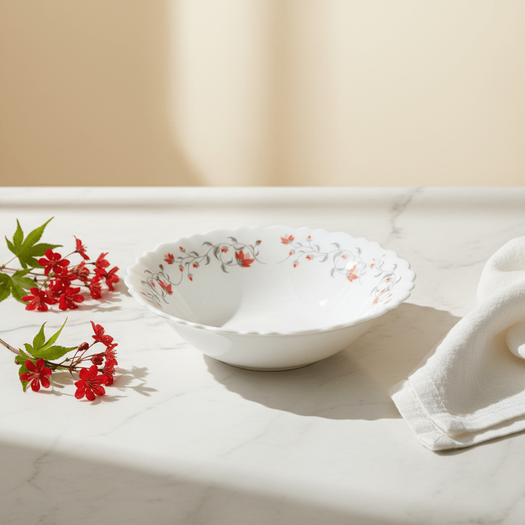 Larah Fluted White Opalware Multipurpose Bowl with Red Floral Design – 6.5 Inch - Al Kabayel Discount CentreLarah Fluted White Opalware Multipurpose Bowl with Red Floral Design – 6.5 InchBowlsLARAHAl Kabayel Discount Centre