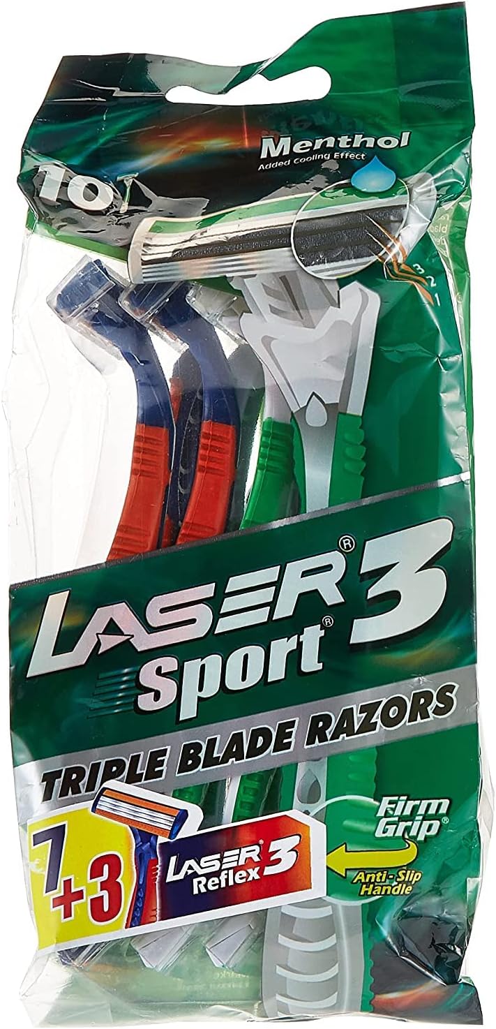 Laser Sport 3 Firm Grip Tripple Blade Disposable Shaving Razor - Anti Slip Elastomer handle - Flex Neck - With Menthol for Added Cooling Effect - Reduce Irritation - Better Precision - Close Shave - 10 Pieces - Al Kabayel Discount CentreLaser Sport 3 Firm Grip Tripple Blade Disposable Shaving Razor - Anti Slip Elastomer handle - Flex Neck - With Menthol for Added Cooling Effect - Reduce Irritation - Better Precision - Close Shave - 10 PiecesPersonal Care & Styling ToolsLASERAl Kabayel Discount C